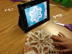 Students designed snowflakes on iPads using the My Flake app, then cut paper snowflakes to match.  Allow one 40-minute class.