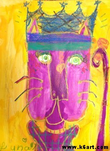 Second graders learn about the complementary colors, then draw and paint a cat in the style of Laurel Burch. When dry, they add pattern and detail with a variety of crayons. Allow two 40-minute classes.