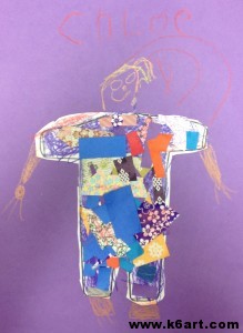 Kindergarteners use paper scraps, template and glue sponge to make collage portraits. Allow two 40 minute classes.