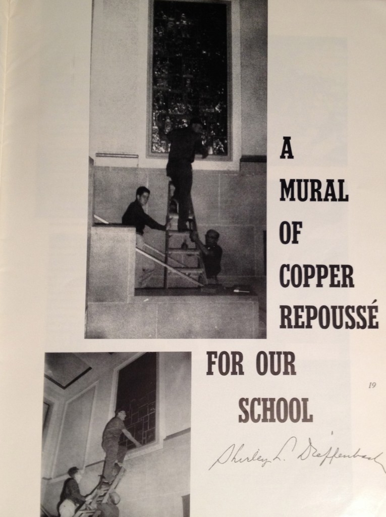 Mural project by Shirley Dieffenbach, art teacher, Williamsport High School, Williamsport, PA. School Arts Magazine, June 1965