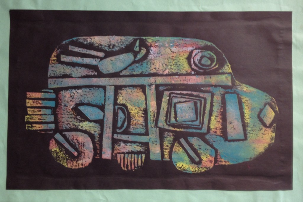 Collagraph print in rainbow ink, from Ocean Air elementary school.