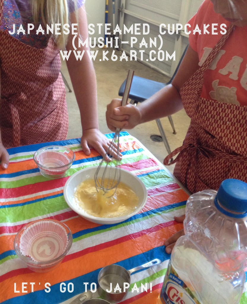 Kids prepare Japanese mushi-pan. Batter is spooned into paper lined glass ramekins, then steamed for 8 minutes.
